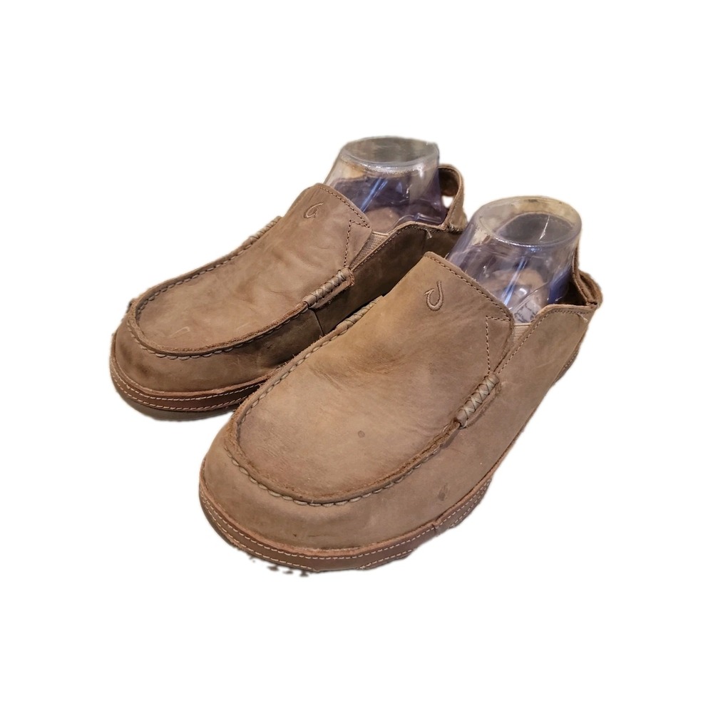 OluKai Mens 8.5 Moloa Slip On Loafer Shoes Brown Leather Coastal Beach Comfort